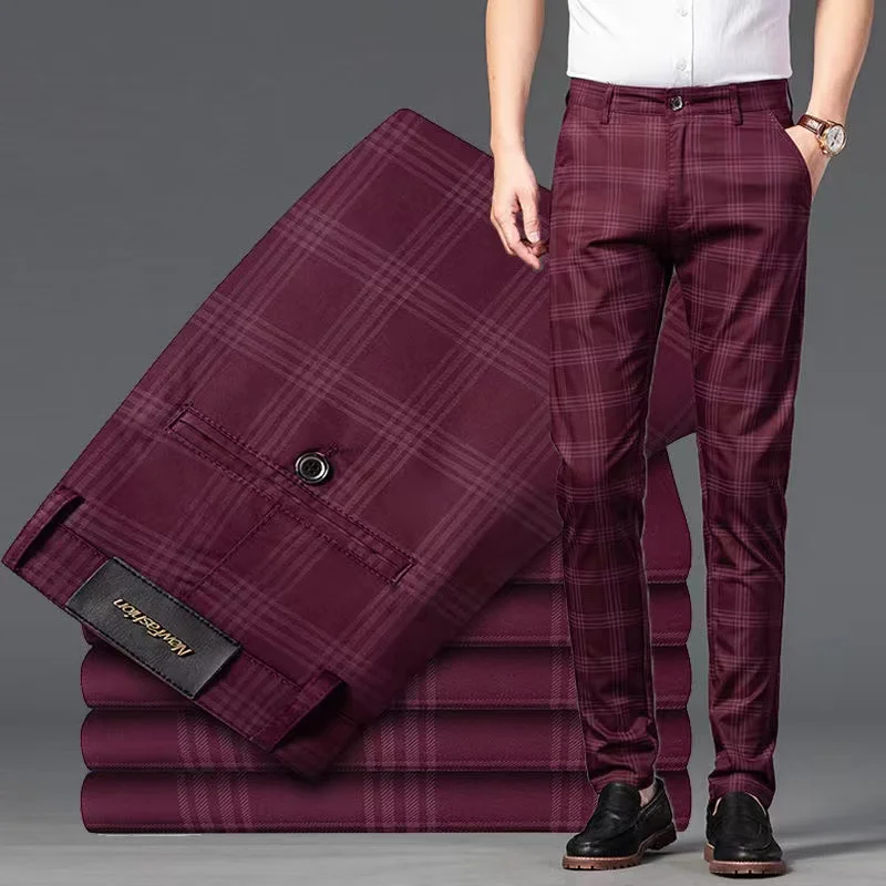 Summer Thin Mens Striped Plaid Pants New Business Casual Pants Slim Fit Straight Stretch Trousers Fashion Male Pants