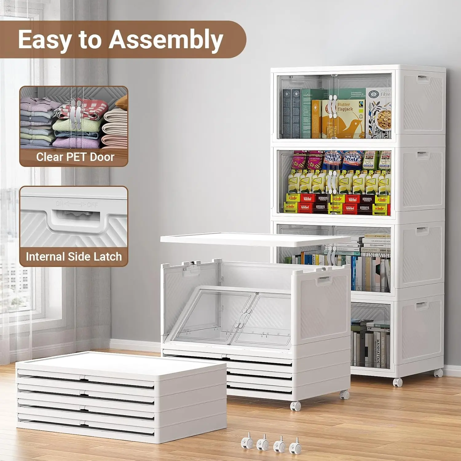 Stackable Storage Bins with Lid, 160Gal Closet Organizers and Plastic Cabinets Shelves, Collapsible Drawers with PET Clear Doors