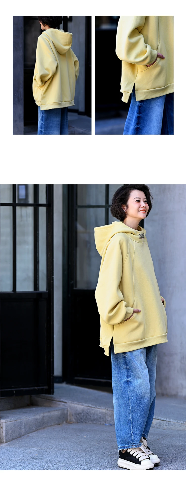 R70710 Artistic Casual Loose Thickened Age-Reducing Yellow Mid-Length Hooded Sweatshirt for Women 25 Autumn