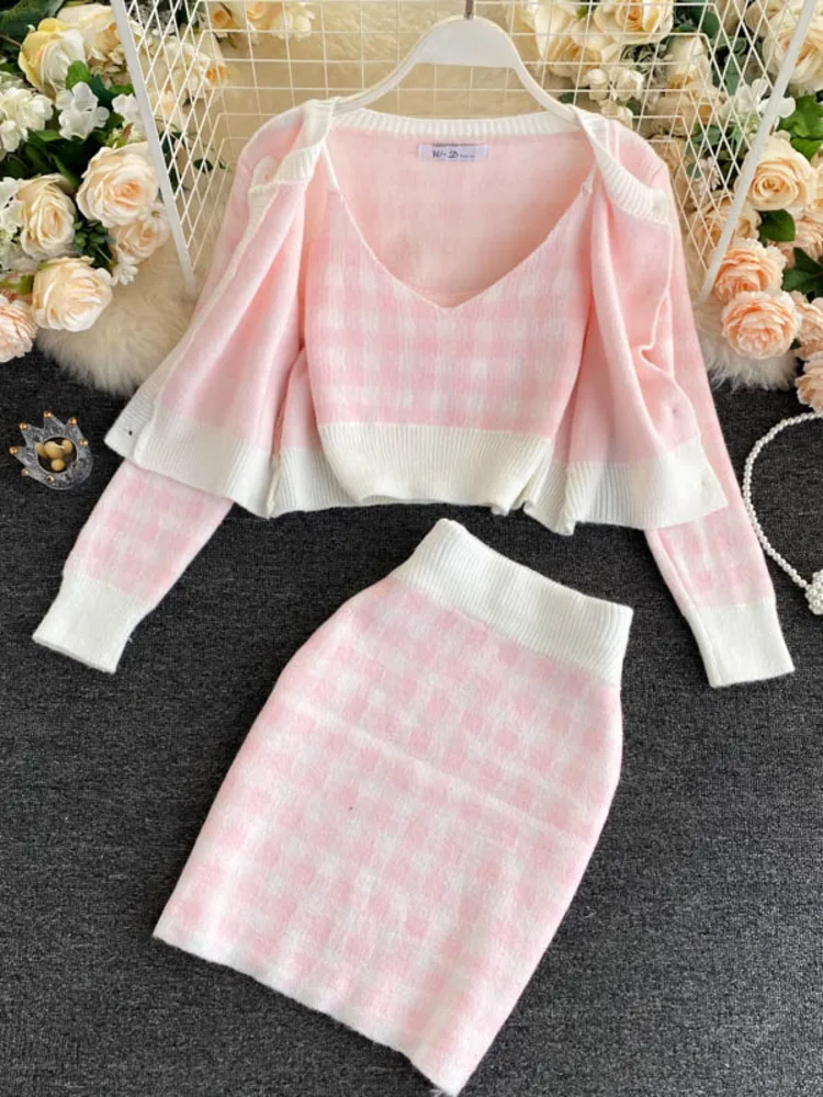 Korean Sweet Knit Plaid Cardigans + Camisole + Skirts 3pcs Sets Girls Short Sweater Coat + Vest + Mini Skirt Suits Women Outfits 3pcs x98 s500 tv stick amlogic s905y2 tv stick os android 11 rom 16gb 32gb mini stick android tv media player youtube netflix