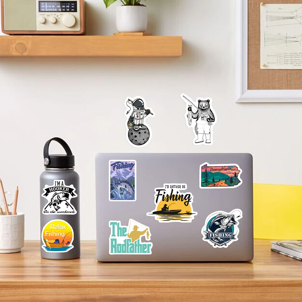 Travel Fisher Go Fishing Outdoor Stickers for Laptop Luggage Phone Scooter Fish Decal for Kids Children Gift Toys Waterproof PVC