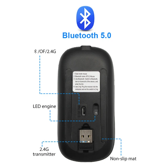 Mouse Wireless Bluetooth per Computer PC Laptop MacBook Mouse 1600 DPI con retroilluminazione RGB Mouse da gioco USB ricaricabile ergonomico 6