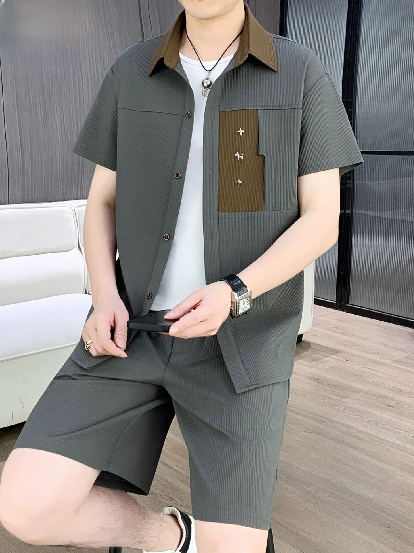 남성용 여름 캐주얼 스포츠웨어 세트, 반팔 폴로셔츠와 반바지 투피스 세트, 트렌디한 폴리에스터 섬유 청소년 의류