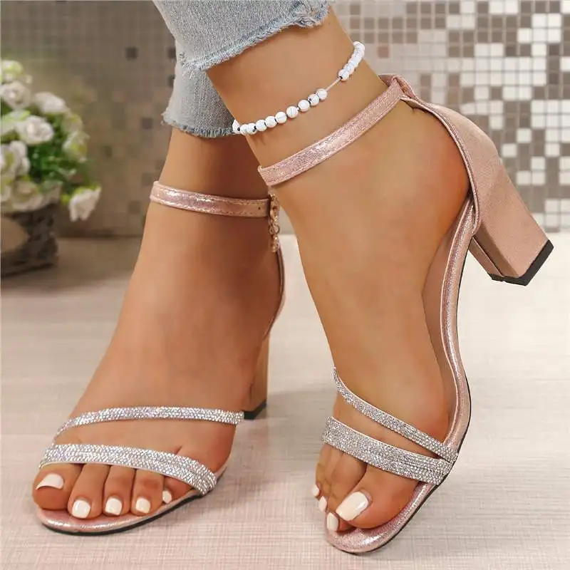 Women's Pink Sandals Summer 2025 New Rhinestone Chunky Heeled Versatile Open-Toe Roman High Heels Rubber Bottom Shoes