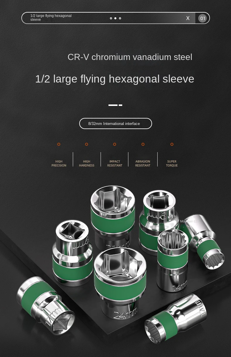 Description Picture 2 of item1/2 Green Belt Hexagonal Socket Heavy Duty Thickened Socket Set Pneumatic Wrench Set Of Nozzles Mechanic Tools Hand Tool