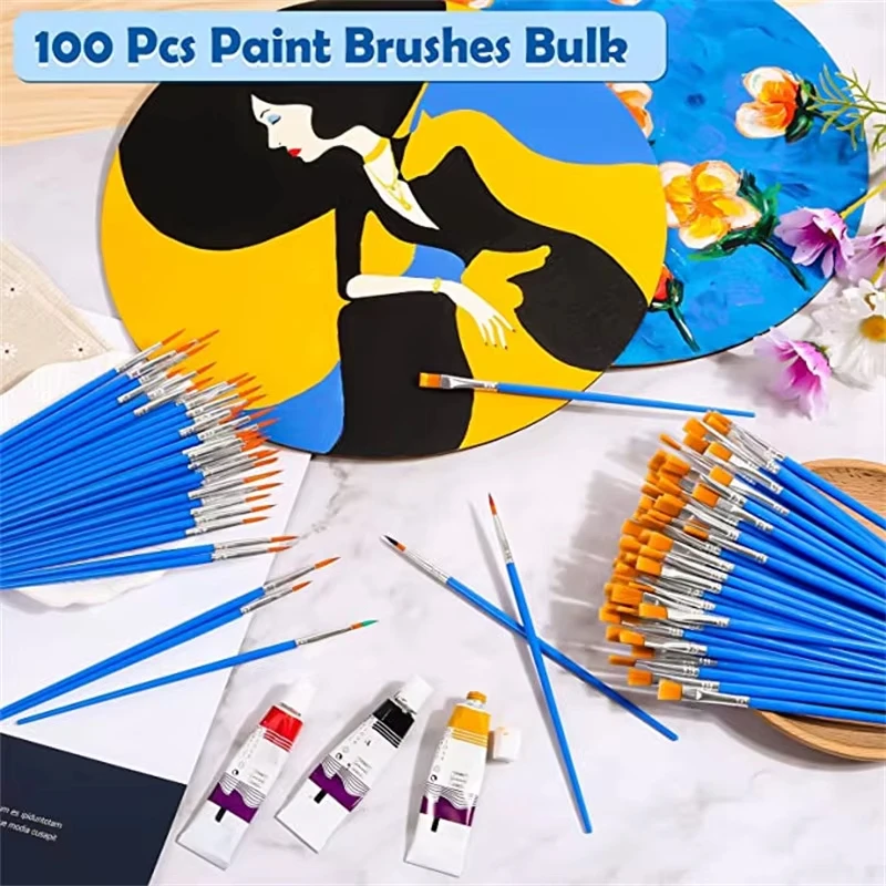 Paint Brushes Set 100pcs for Kids Acrylic with Flat Round Pointed Paint Brushes Craft Watercolor Oil Painting paint brushes