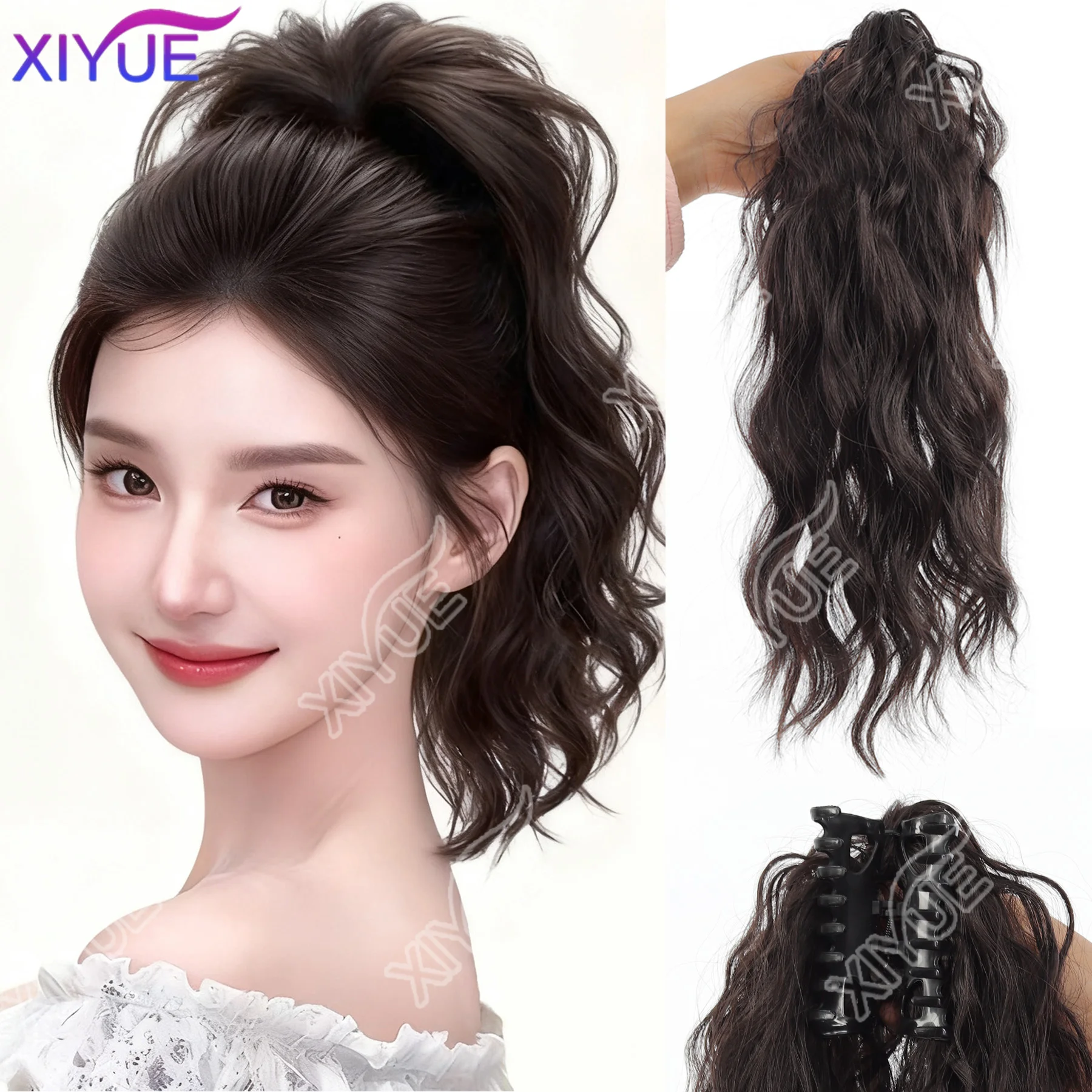 XIYUE 16Inch Synthetic Short Curly Claw Clip in Ponytail Hair Extension Daily Use Black Fluffy Hairpiece for Women