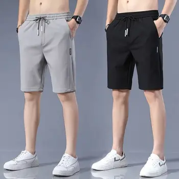 High Quality Polyester Ice Silk Shorts Men, New Korean Version of Loose Elastic Splicing Beach Five Minute Medium Pants