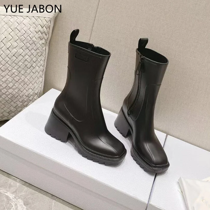 White Black Women Goth Platform Chunky High Heeled Boots Side Zipper Non Slip Ankle Boots Punk Motorcycle Short PVC Rain Boots