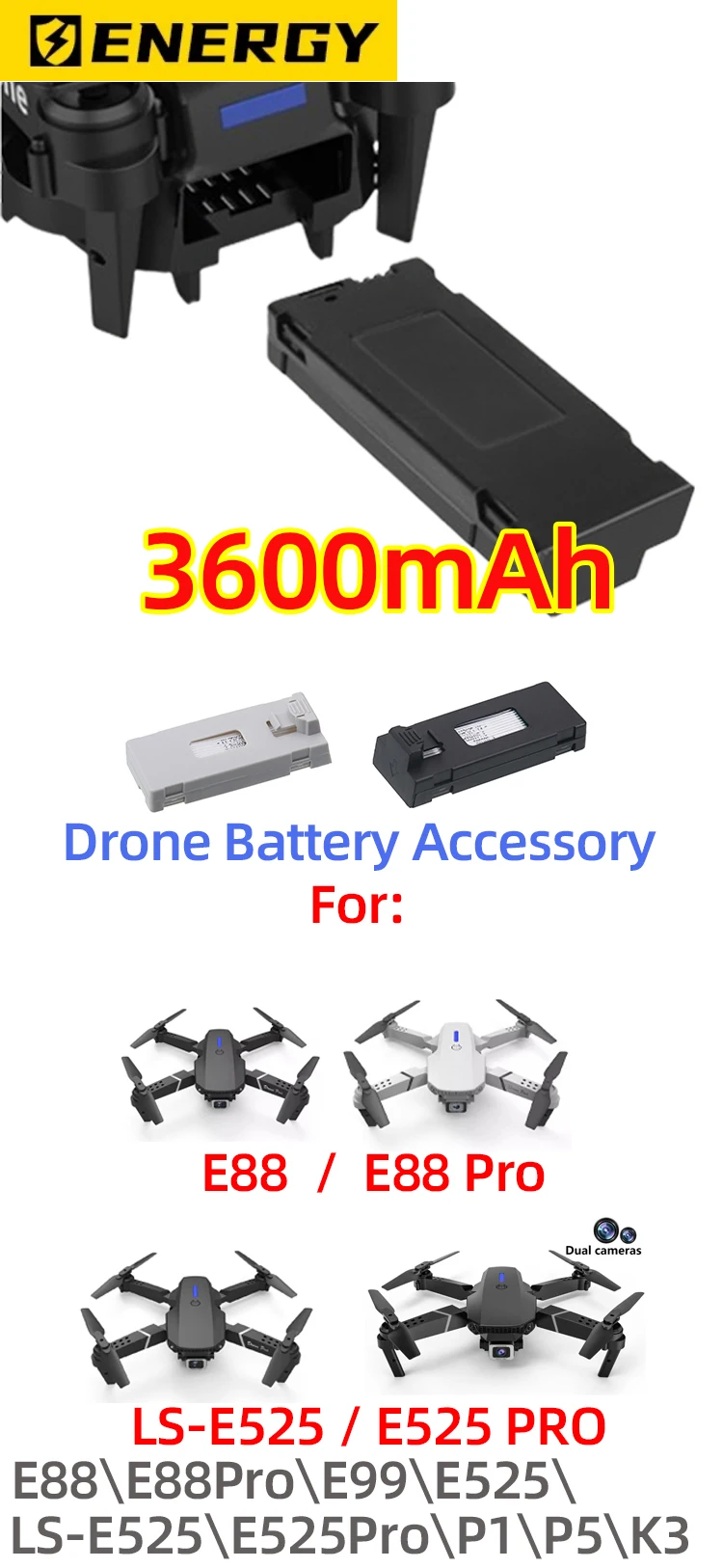 Description Picture 2 of itemE88 RC Drone Official 3600mAh 3.7V Battery Accessory For E88PRO E88 E99 E525 Ls-E525 P1 P5 K3 Battery Spe Special Part 10Pcs