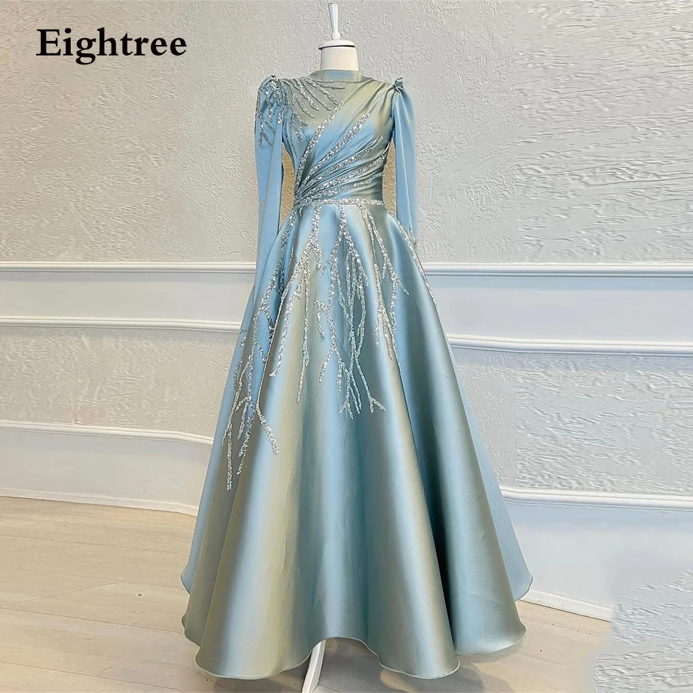 

Eightree Gorgeous Muslim Sky Blue Formal Evening Dresses Long Sleeves High Neck Sparkly Appliques Lace Prom Gowns Arabic Women