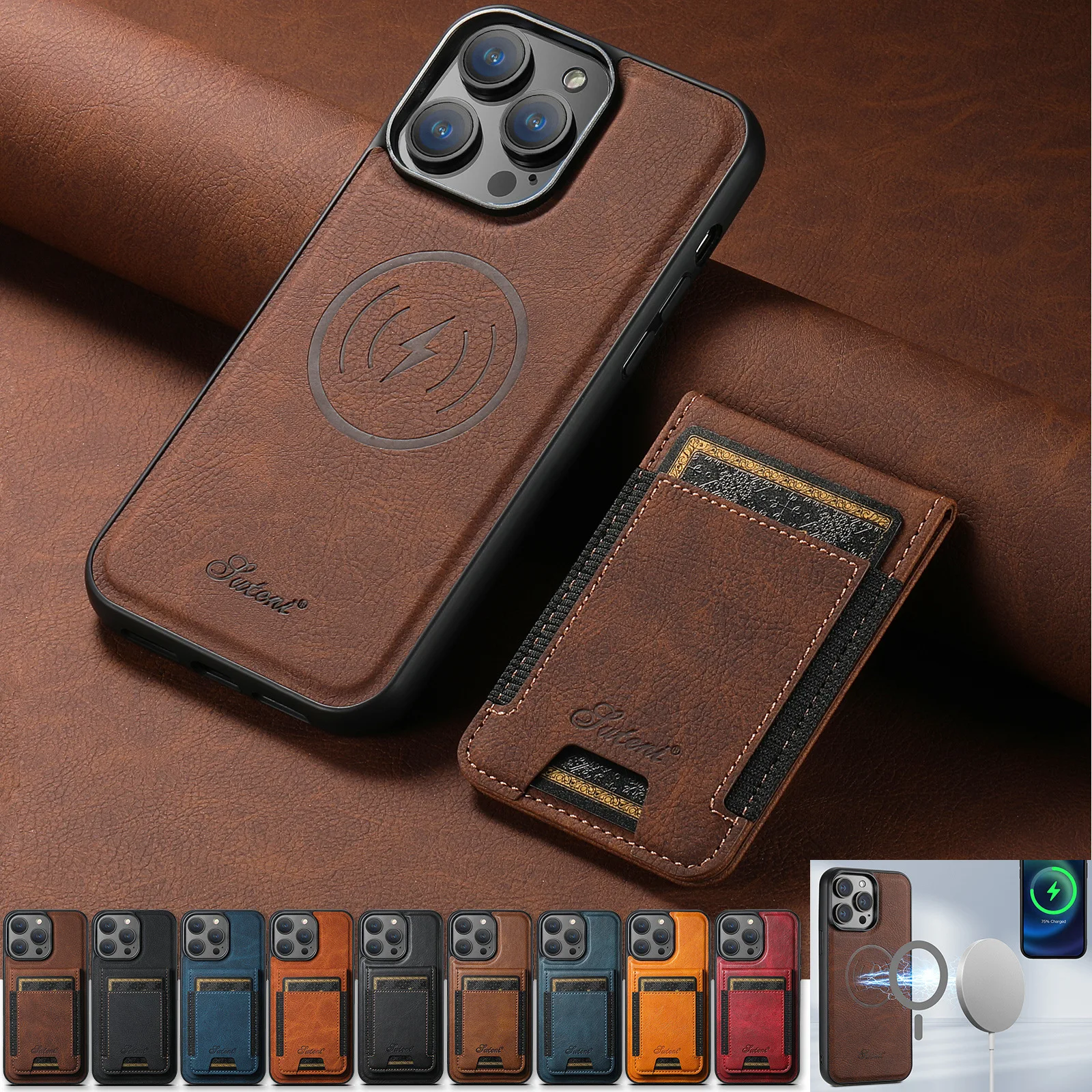MagSafe Magnetic Wireless Charging Leather Case for iPhone 15 14 13 12 Pro Max 15 Plus 14 Pro Wallet Card Bag Slot Holder Cover