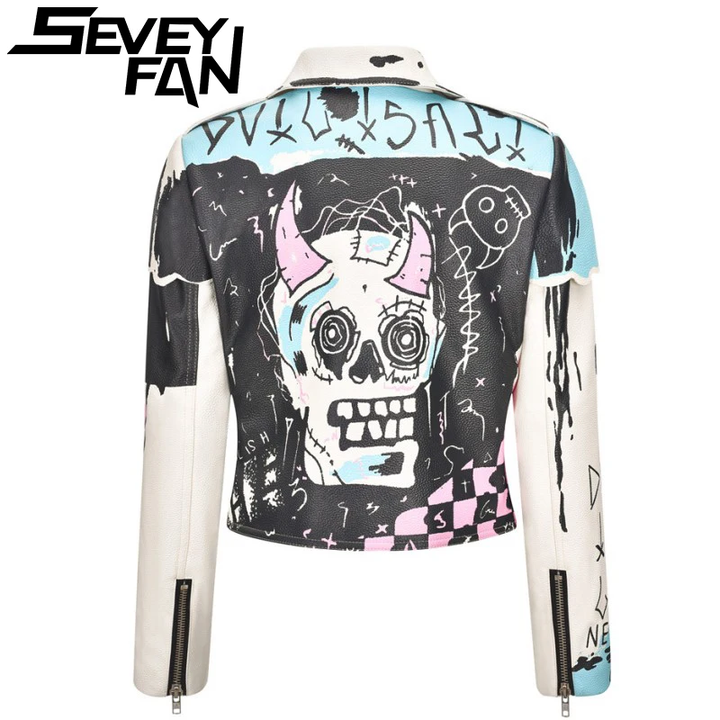 

Men's Jacket Monster Head Graffitti PU Leather Punk Rock Rivet Jackets Slim Motocycle Outwear For Male Female Vintage Tops