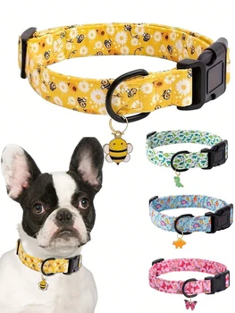 CP607/CP709–1pc pet collar with animal/dinosaur prints and pendants, adjustable twill fabric collar for dogs and cats.