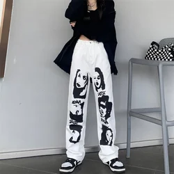 Calças de brim de cintura alta dos homens do vintage streetwear europeu e americano retrato impressão jeans folgado calças casuais soltas