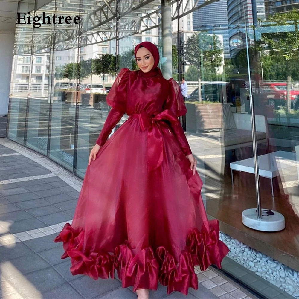 

Eightree Burgundy Organza Muslim Arabic Women Evening Dresses Long Sleeves High Neck Ankle Length Mother Ruched Party Prom Gowns