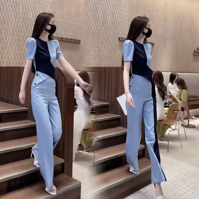 Fashion Set Summer Color Blocking Patchwork Round Neck Top High Waist Age Reducing Slimming Wide Leg Pants Two-piece Set