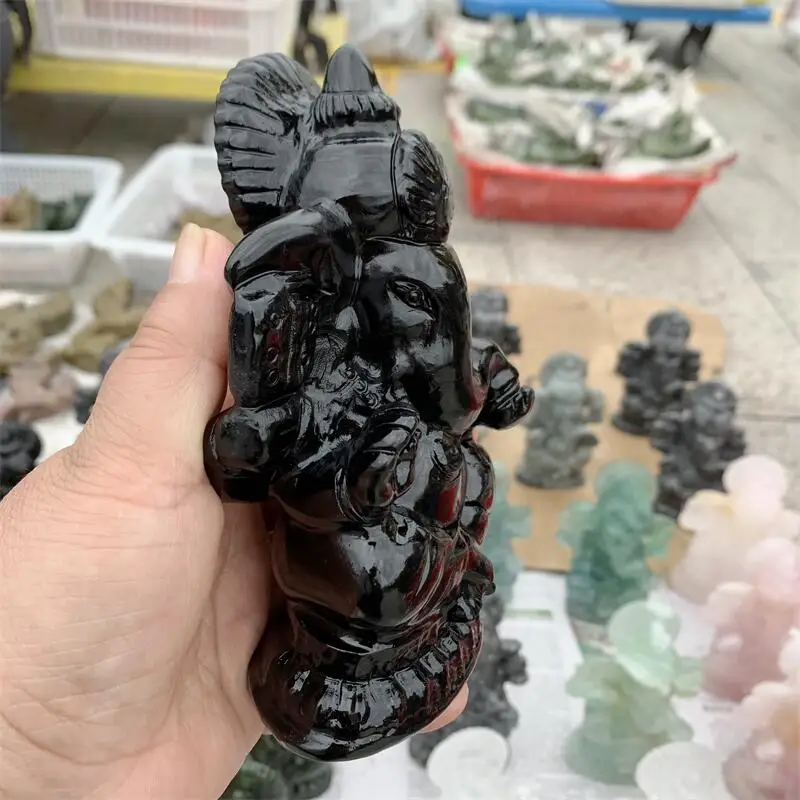 Natural Black Obsidian Elephant Quartz Crystal Carved Gemstones Ganesha Healing Reiki Home Decoration 1pcs 2