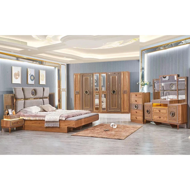 Meubles de chambre à coucher modernes, ensemble de chambre King, lit en bois Royal turc, couleur bois 1