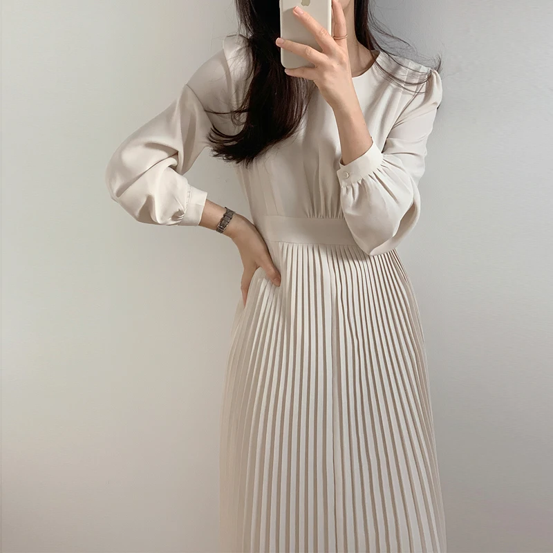 Spring Summer Women Solid Korean Pleated Dress 2022 New Long Sleeve Slim Elegant Midi Party Dress off shoulder dress Dresses