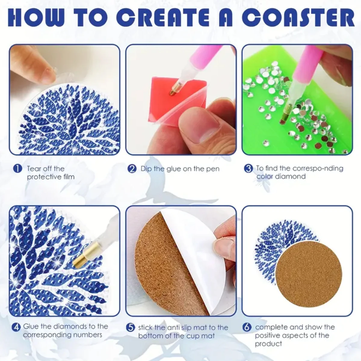 Elegant Porcelain Pattern Diamond Art Coaster Set with Complimentary Holder (8-piece)