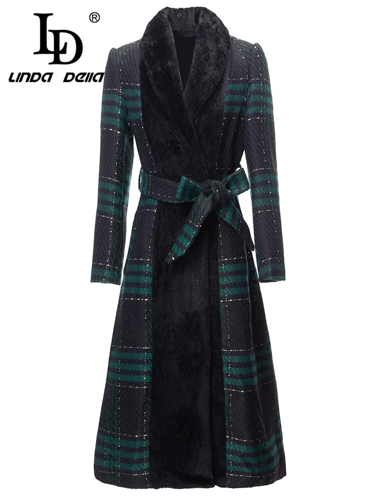 

LD LINDA DELLA Autumn and winter Elegant and Pretty Coat Women's Fur collar Elastic Waist Plaid Slim Fit Casual Coat