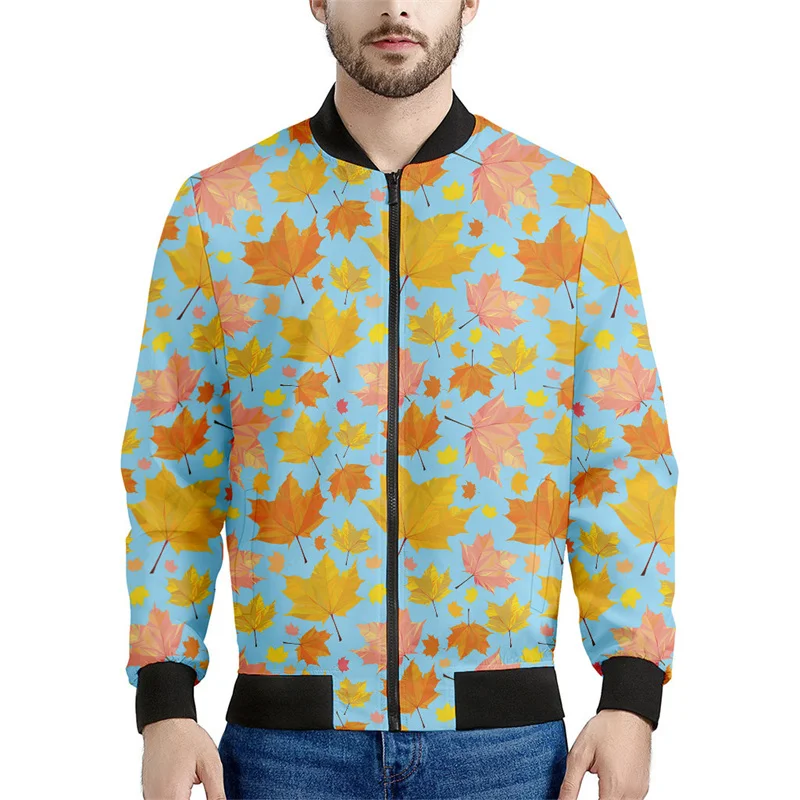 thumbnail image 1 of Chaqueta bomber con estampado de hojas de arce de Canadá para hombre, sudadera de manga larga en 3D, chaqueta bomber con cremallera de gran tamaño y estilo urbano, 1 of 4