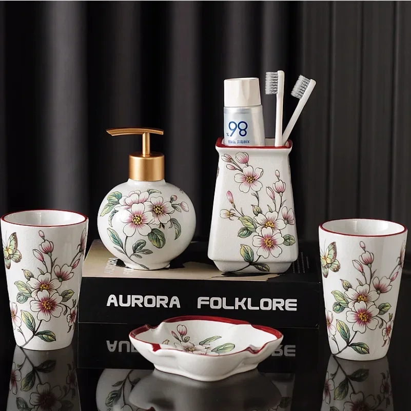 เครื่องจ่ายสบู่เซรามิกเคลือบน้ําแข็งดอกไม้ Haitang, อุปกรณ์ตกแต่งห้องน้ํา, ที่ใส่แปรงสีฟัน, จานสบู่, ถาด 1