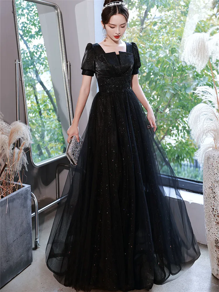 

Платье женское ТРАПЕЦИЕВИДНОЕ с квадратным вырезом, элегантная однотонная длинная юбка с блестками и рукавами-фонариками, модная одежда, M307, весна-лето