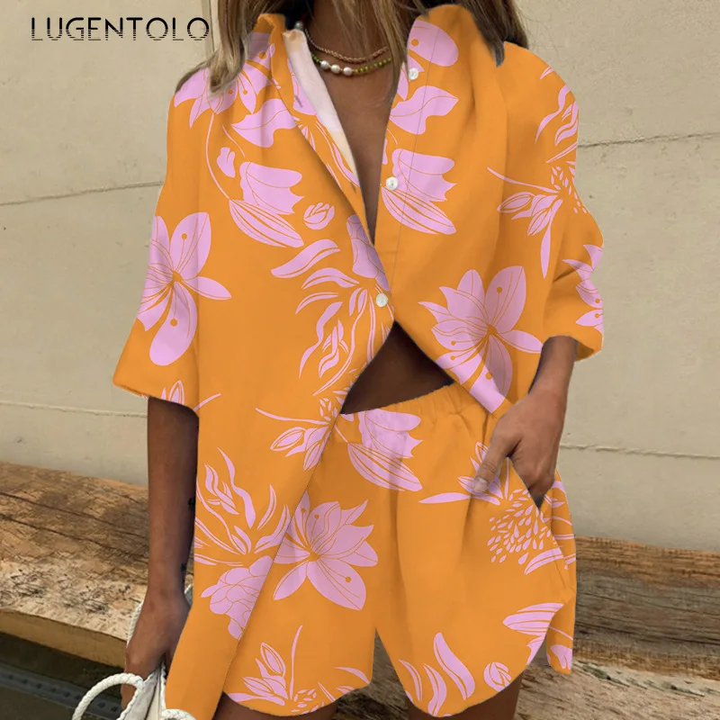 

Summer Shirt Women Shorts Sets Fashion Casual Short Sleeve Single-breasted Tops Elasticity Waist Print Beach 2-piece Set