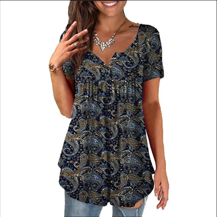 

Summer New Short Sleeved Women's Floral Printed Casual Shirt Ladies Retro Printed Irregular Loose Blouse Femme Blusas 2024