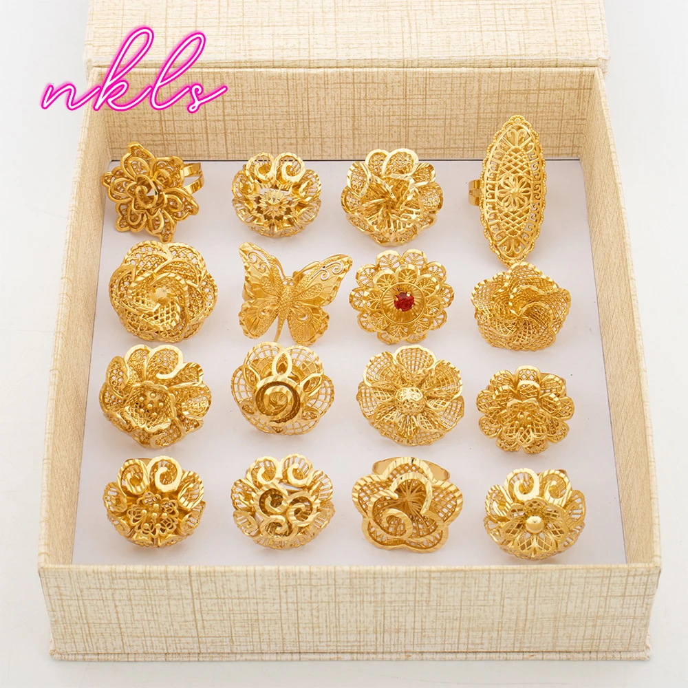 Luxury Gold Color Flower Rings Fashion Large Women Rings 18K Gold Plated Jewelry Dubai African Ethiopian Wedding Party Gifts
