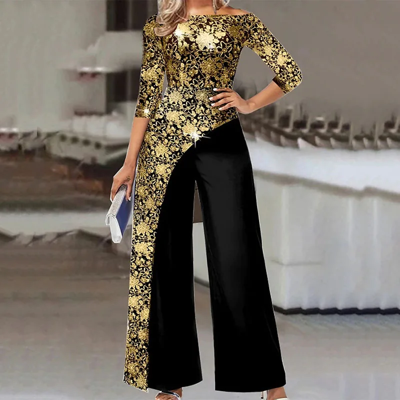 

Elegant One Shoulder Women Party Romper Fashion Pattern Abstract Printed Jumpsuits Vintage Patchwork Wide Leg Playsuit Overalls