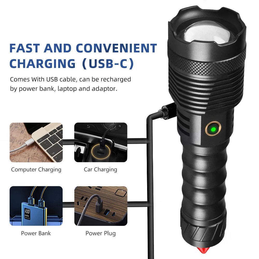 8000 Meter High Power LED Flashlight 5200mah Battery 120W White Light Type C Rechargeable 10000000LM Tactical