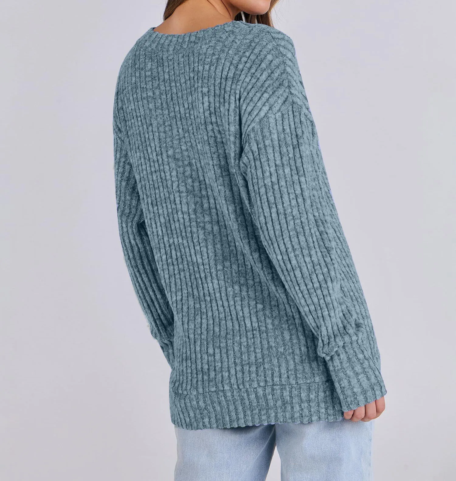 T-shirt da donna a maniche lunghe con scollo a V Top con temperamento alla moda fresato a righe 4