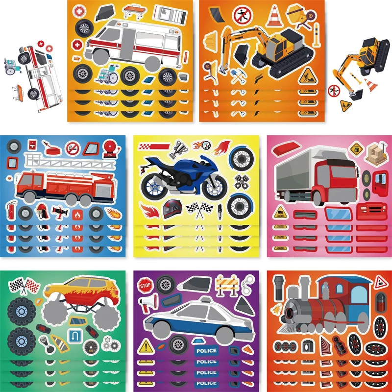 

6-24sheet Children's Engineering Vehicles Stickers DIY Your Own Car Motorcycles Trains Cartoon Puzzle Stickers for Boys Gifts
