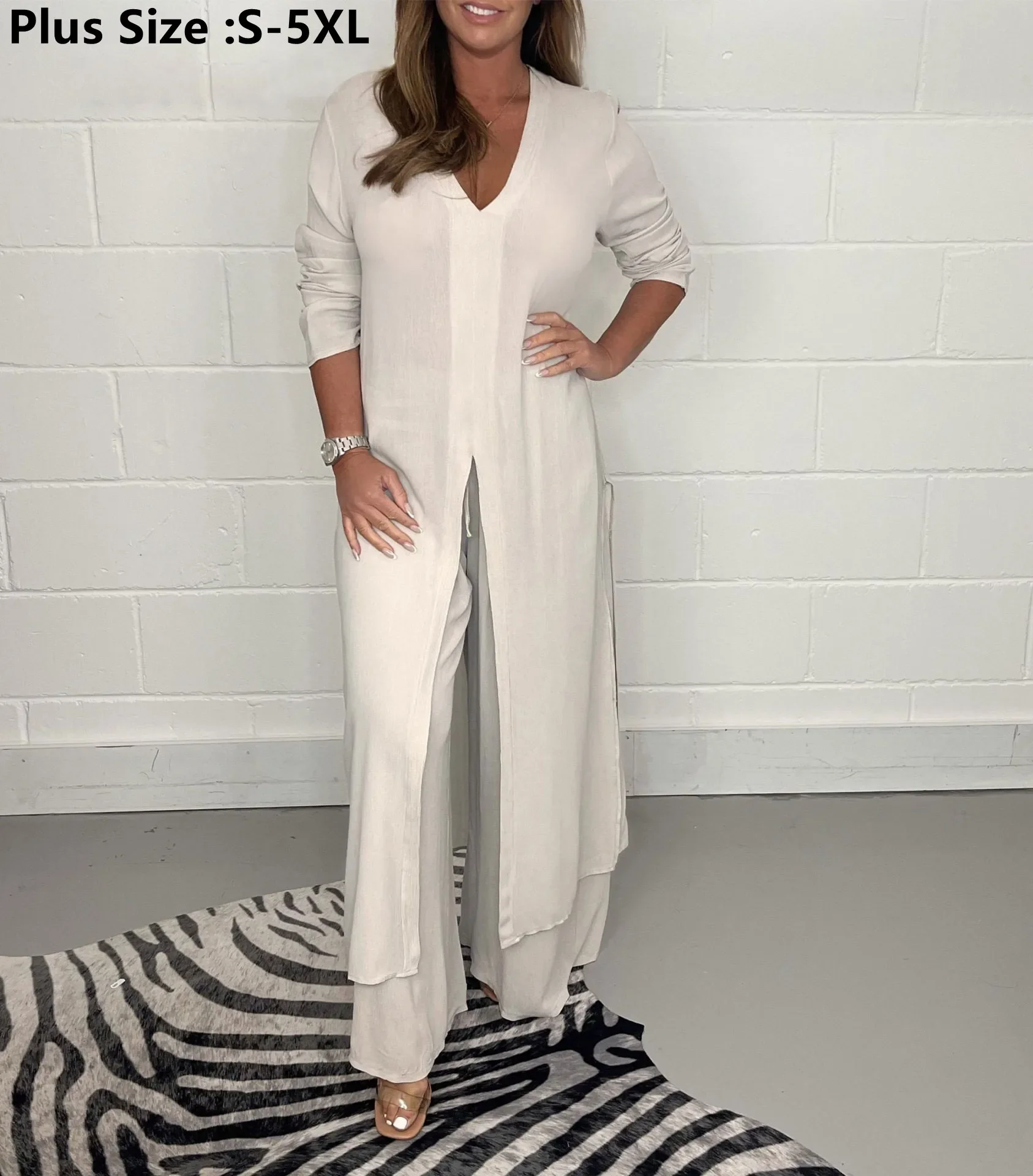 

Женский комплект из двух предметов, элегантный Удлиненный топ на пуговицах с высоким разрезом и брюки, летняя повседневная женская одежда размера 5XL, новинка 2024