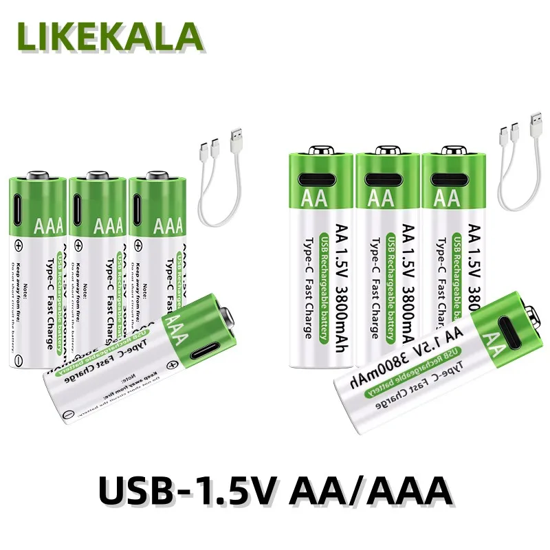 LIKEKALA Li-ion AAA and AA Rechargeable Batteries USB Lithium-ion 3800mAh 1.5V AA +3000mAh 1.5V AAA Battery with Charging Case