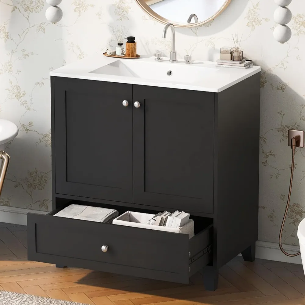 30inch Bathroom Vanity with Sink,Solid Wood Single Bathroom Cabinet,with Storage Doors and Drawer,Ceramic Sink,Easy Assmebly 4