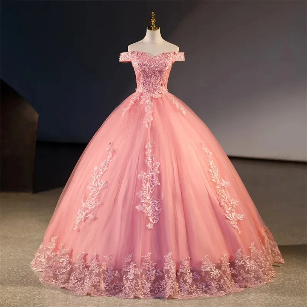 

Elegant New Pink Evening Dresses Off The Shoulder Ball Gown Party Dress Sweet Flower Classic Lace Tulle Prom Vestidos De Fiesta