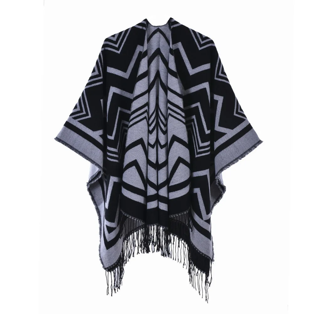 

Autumn Winter Female Striped Tassel Double sided Split Warm Cape Women Imitation Cashmere Poncho Lady Capes B8 Cloaks