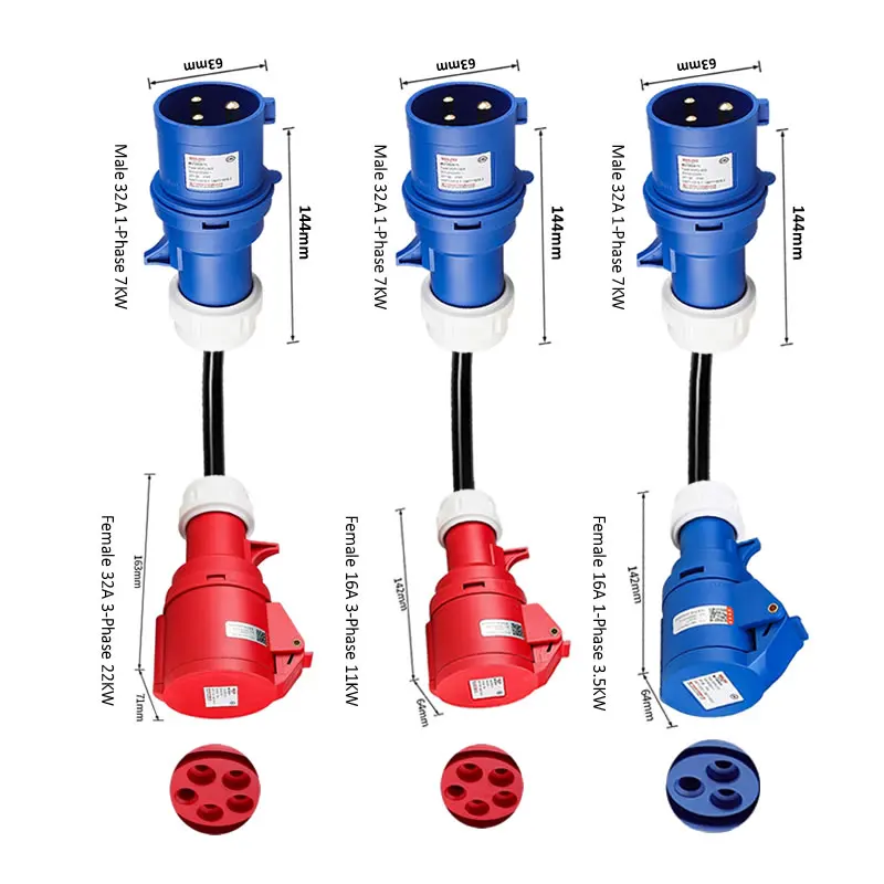 Electric vehicle Charging Adapter 32A Blue 7KW Plug to Red 3-Phase 11KW ...