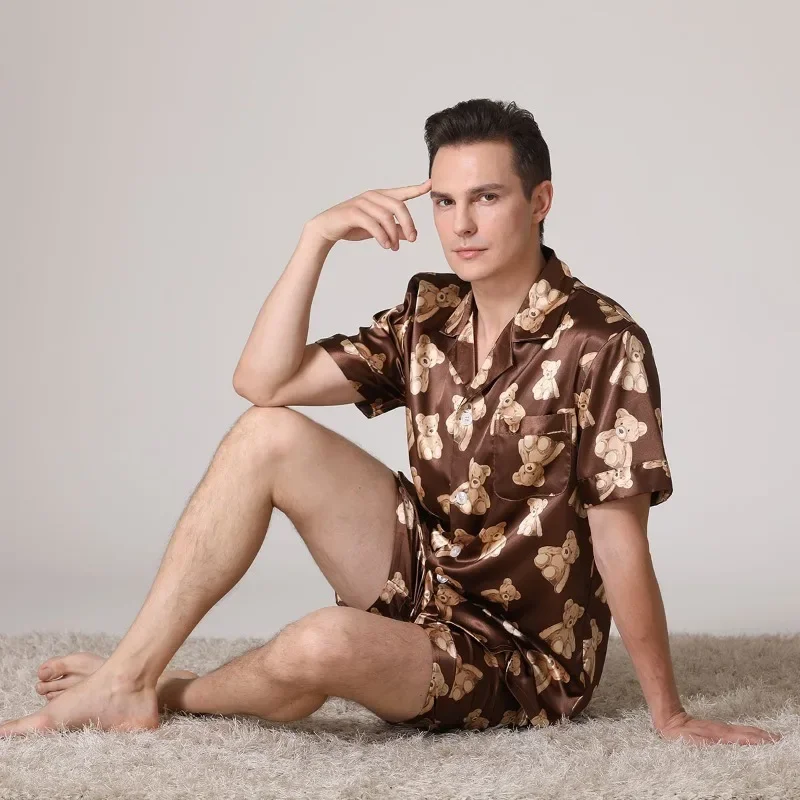 European Size Men's Large Size Loose Loungewear Summer Men's Breathable Thin Short-sleeved Shorts Ice Silk Pajamas Set