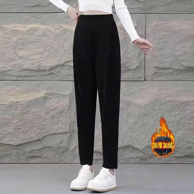 

Женские осенне-зимние новые модные простые однотонные корейские универсальные свободные вельветовые брюки-султанки с карманами и высокой талией