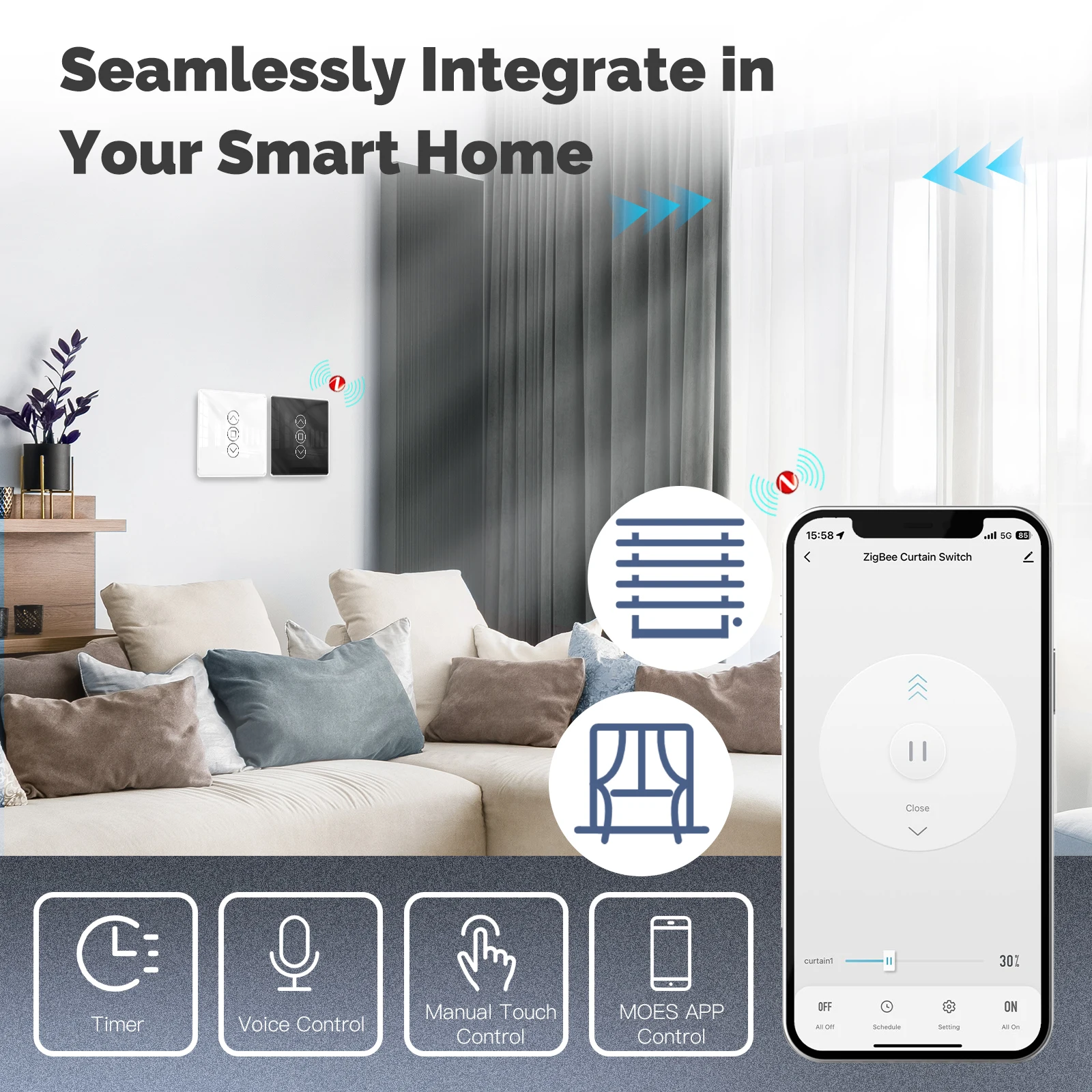 MOES Tuya ZigBee 스마트 커튼 스위치 2.5D 아크 글래스 터치 패널 앱 원격 제어는 Alexa Google 홈 음성 제어와 함께 작동합니다.