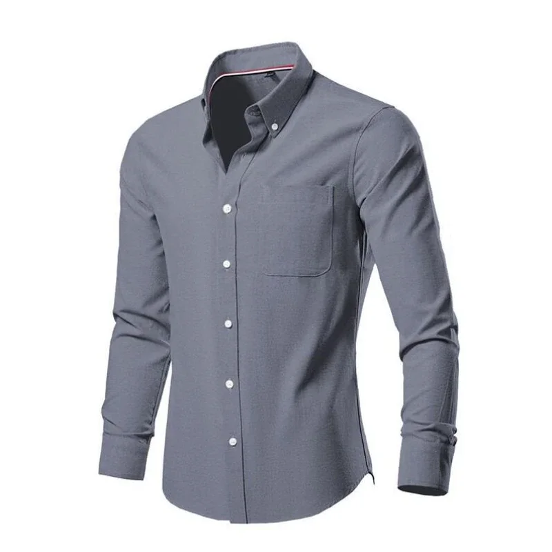 

Hot Sales Men Shirt Long Sleeved Casual Formal Business Dress Shirt Pocket Solid Color Designer Top Korean Slim Fit Social Shirt