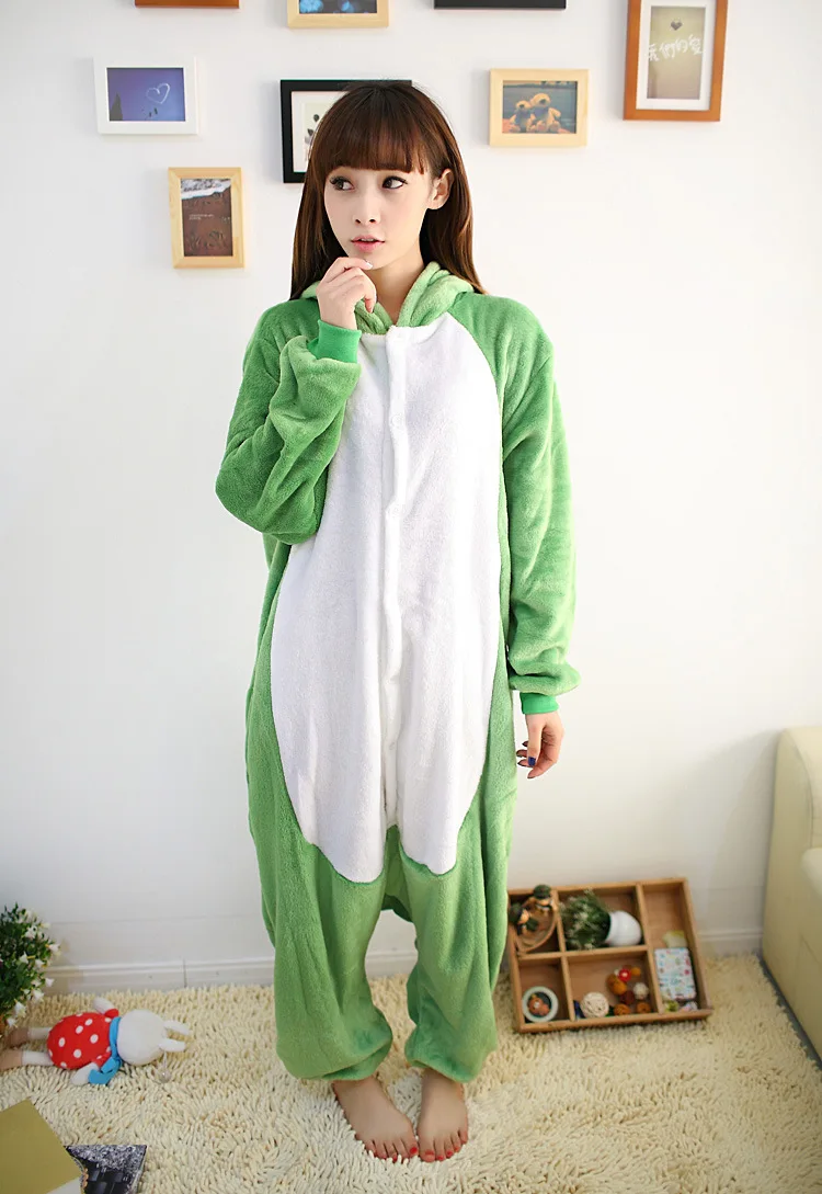 Animal Kigurumi Onesie Women Pajamas Green Frog Funny Flannel Warm Soft Overall Onepiece Nightwear Halloween Christmas Jumpsuits