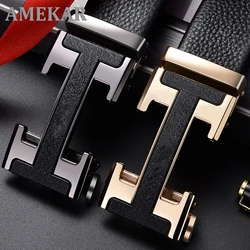 Genuine Leather Automatic Buckle Top Layer Cowhide Belt Pure Men's Business Pants Belt H-shaped Belt Buckle