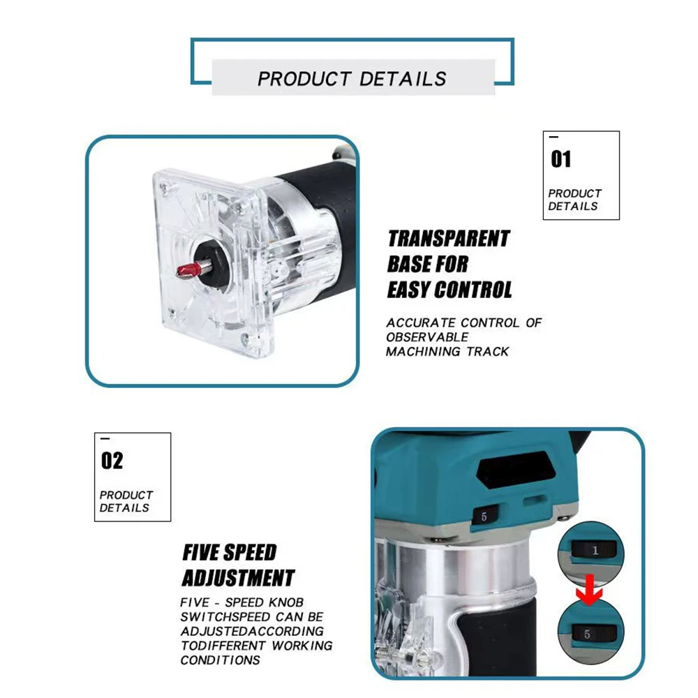 Wood Router Electric Trimmer Brushless Woodworking Trimming Wood Router Milling Engraving Slotting Machine Fit Makita/Dewalt 20V No Battery