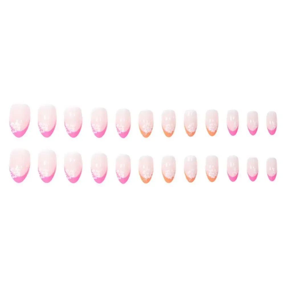 Manicure Long Almond False Nails Flowers French Fake Nials Purple Love Heart Detachable Press on Nails Women